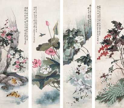 郑集宾 庚午(1930)年作 花鸟 四屏